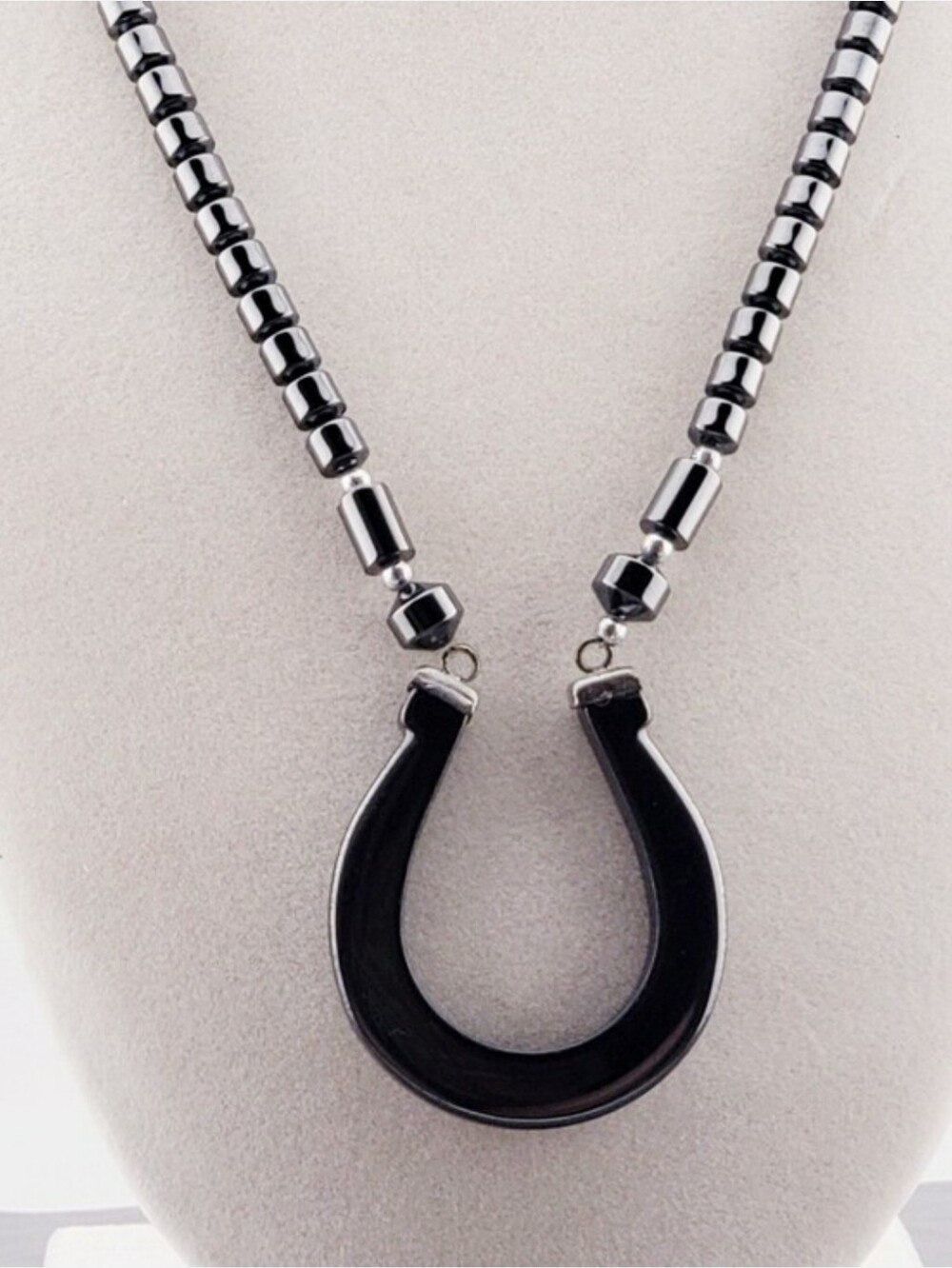 Black Hematite Lucky Horseshoe Pendant Necklace